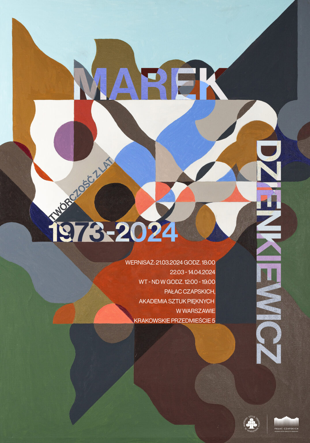 Fragment abstrakcyjnego obrazu z informacjami o wystawie