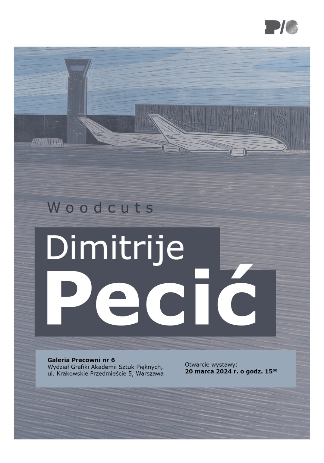 Plakat z grafiką w szaro-błękitnych barwach i motywem samolotu oraz informacje o wydarzeniu