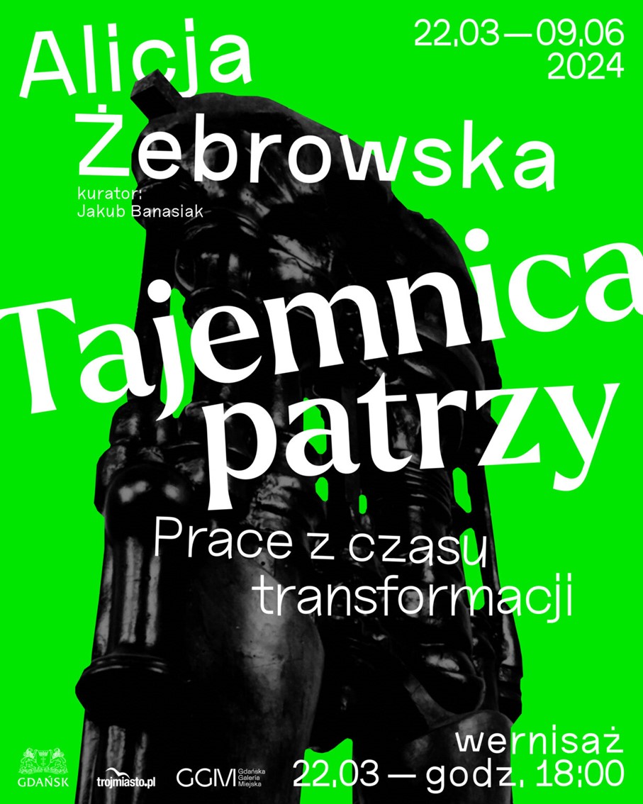 Fragment plakatu fragment czarnej rzeźby i białe napisy na zielonym tle