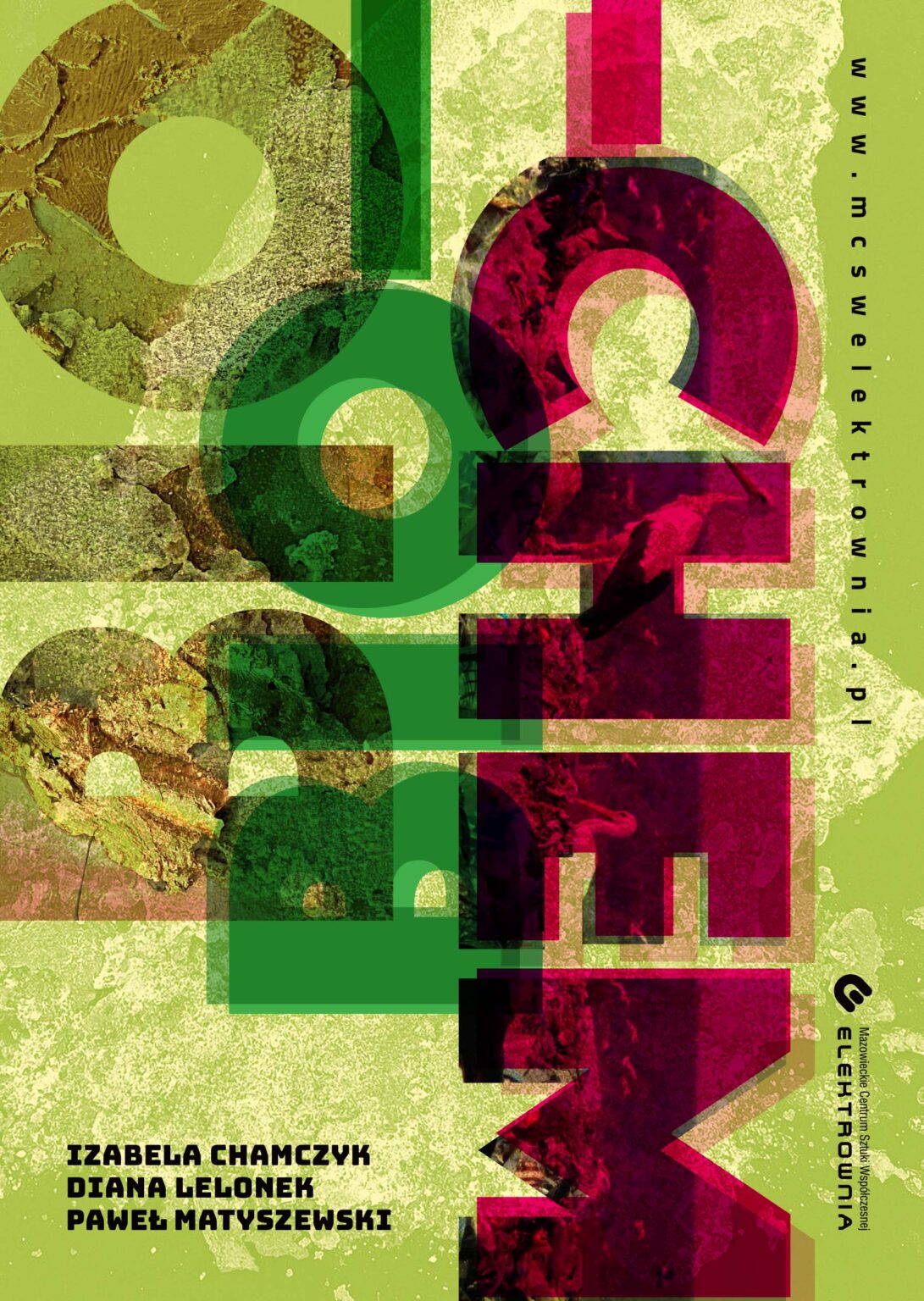 Zaproszenie zawierające informacje o wystawie. Tło jasnozielone z białym, organicznym motywem. Tytuł zapisany graficznie w kolorach czerwonym i zielonym.