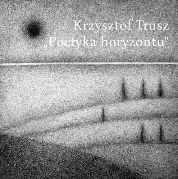 Monochromatyczna grafika z tytułem wystawy i nazwiskiem artysty