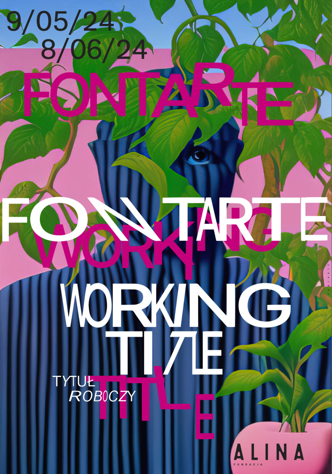 kolorowy plakat wystawy z informacjami. Motyw postaci w granatowo-błękitne pasy, spoglądającej zza bujnej roślinności; różowe tło