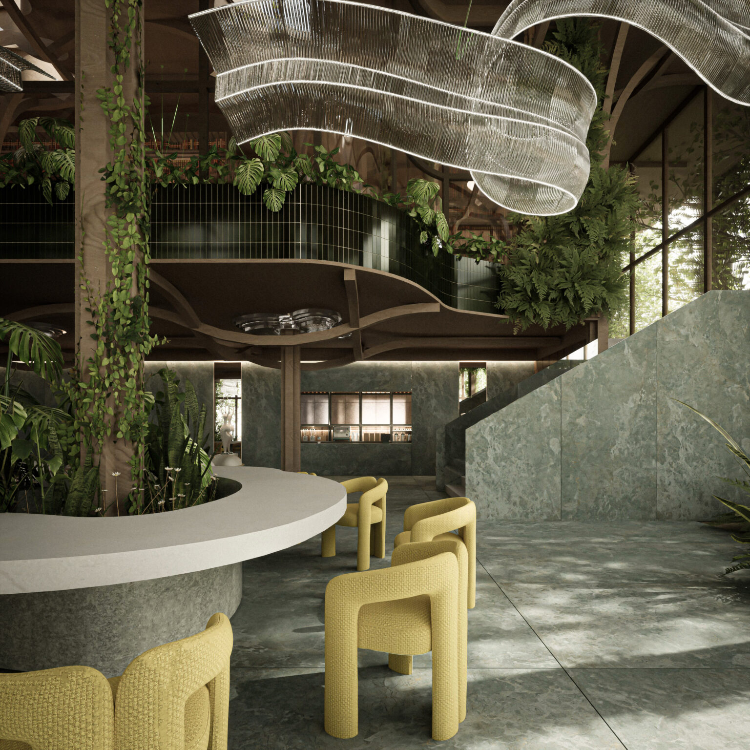 Nowoczesne, jasne wnętrze z dużą ilością roślin