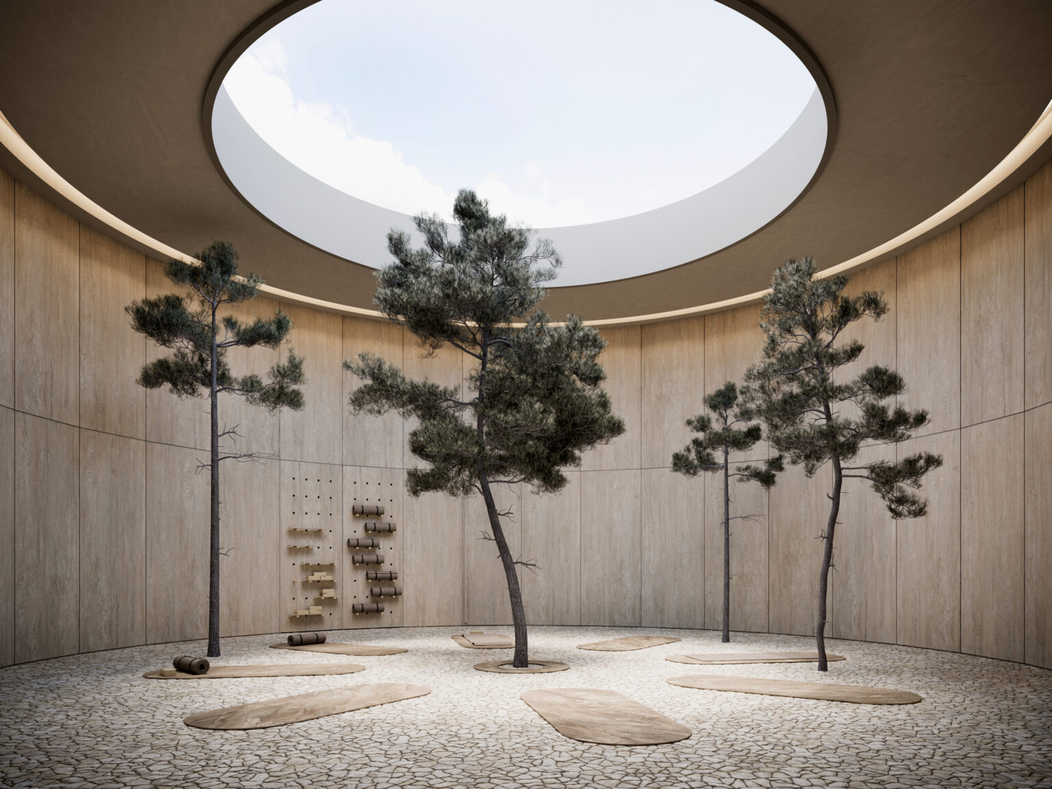 Widok przestrzeni z sosnami z okrągłym wycięciem w dachu z widokiem na niebo