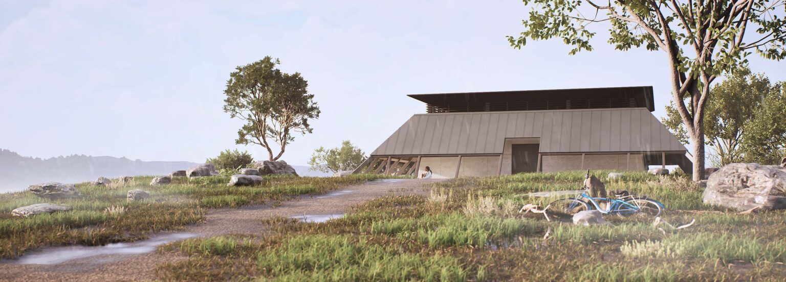 Widok pawilonu otoczonego przyrodą