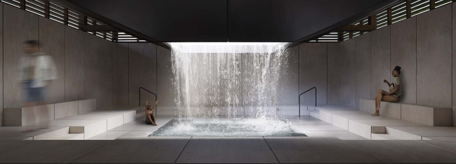 Wnętrze ze zbiornikiem wodnym; woda spektakularnie spływa z otworu w suficie