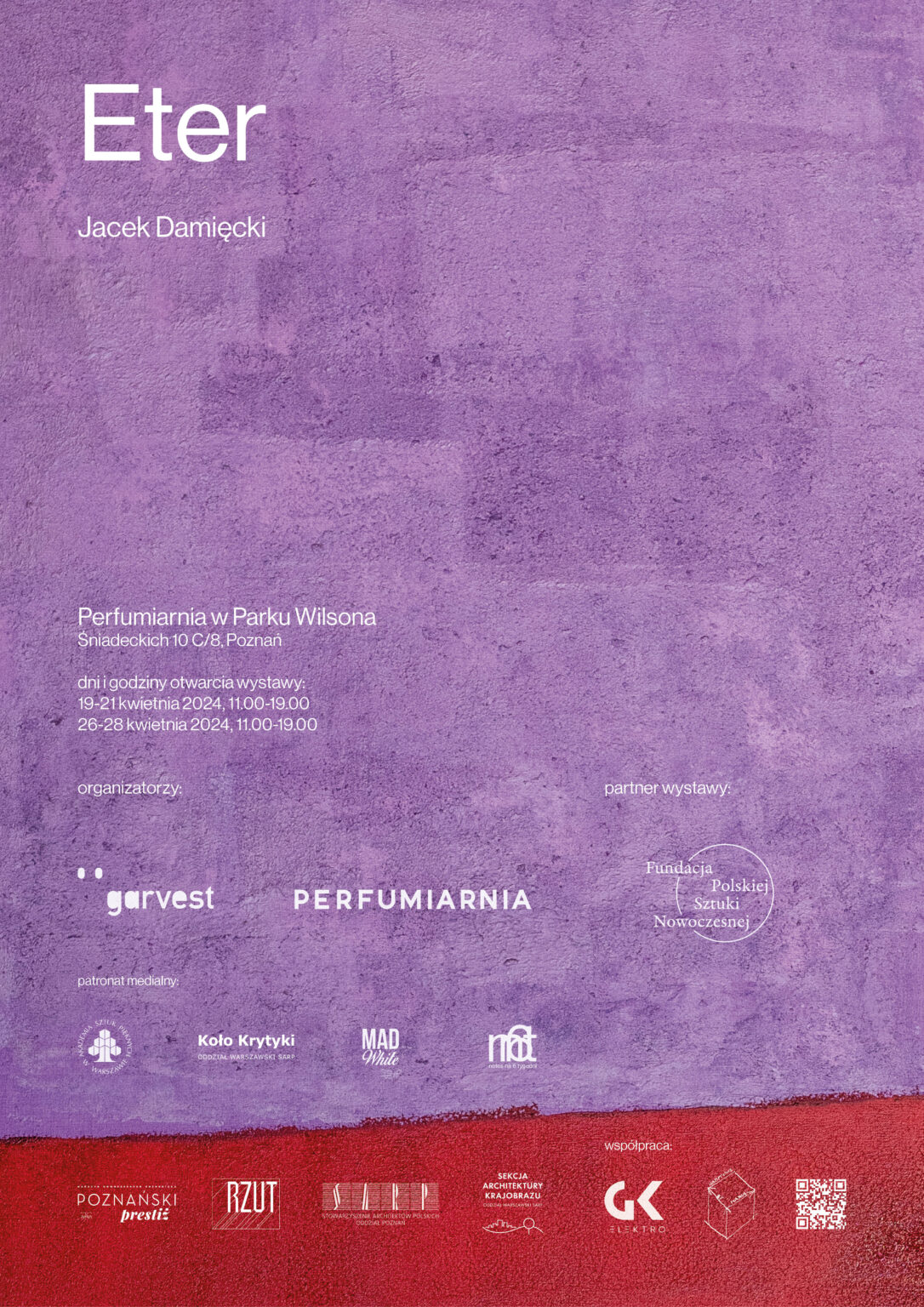 Plakat zawierający fragment obrazu w kolorach fioletowym i czerwonym oraz informacje o wystawie