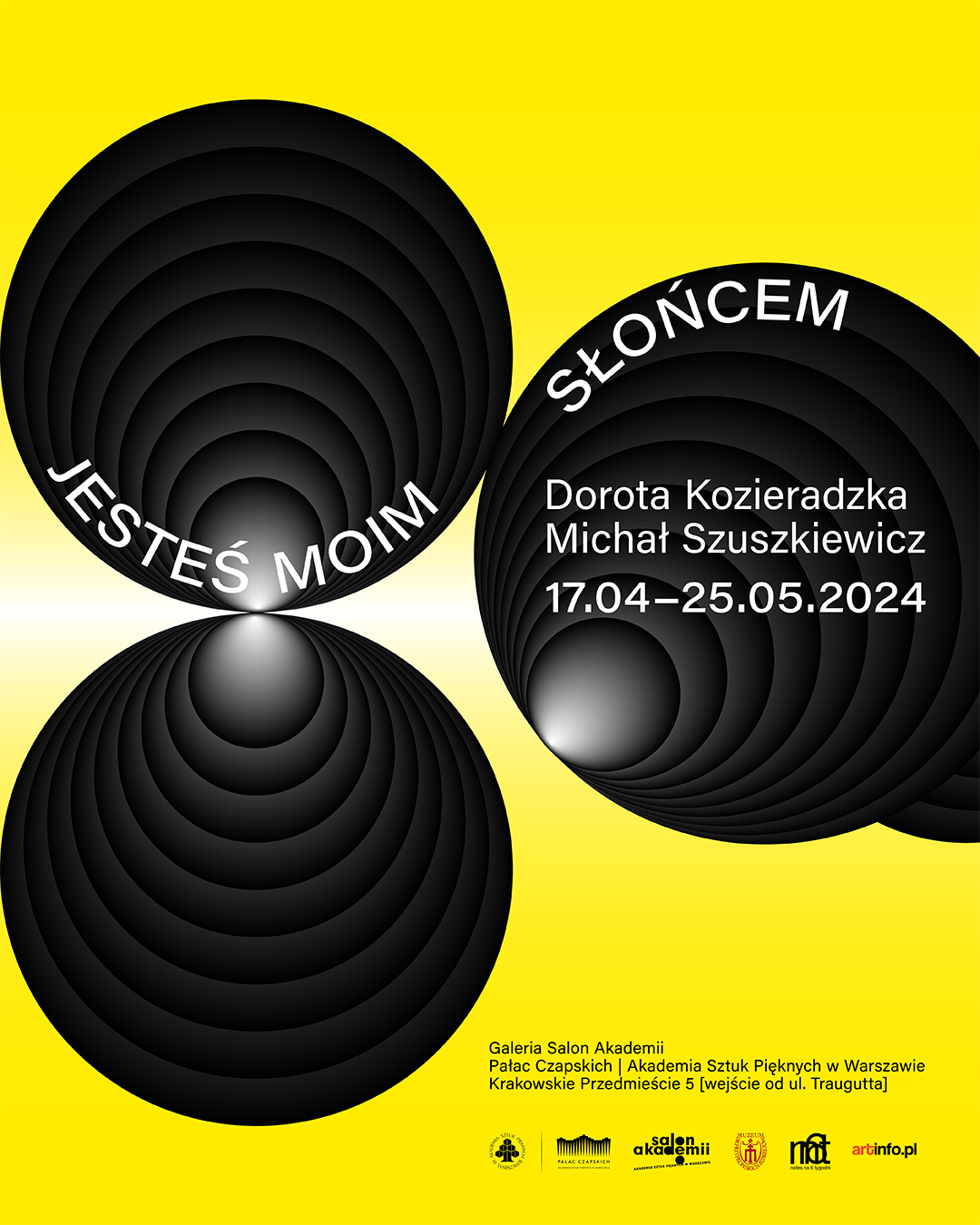 Trzy czarne kuliste elementy graficzne z białymi napisami na żółtym tle