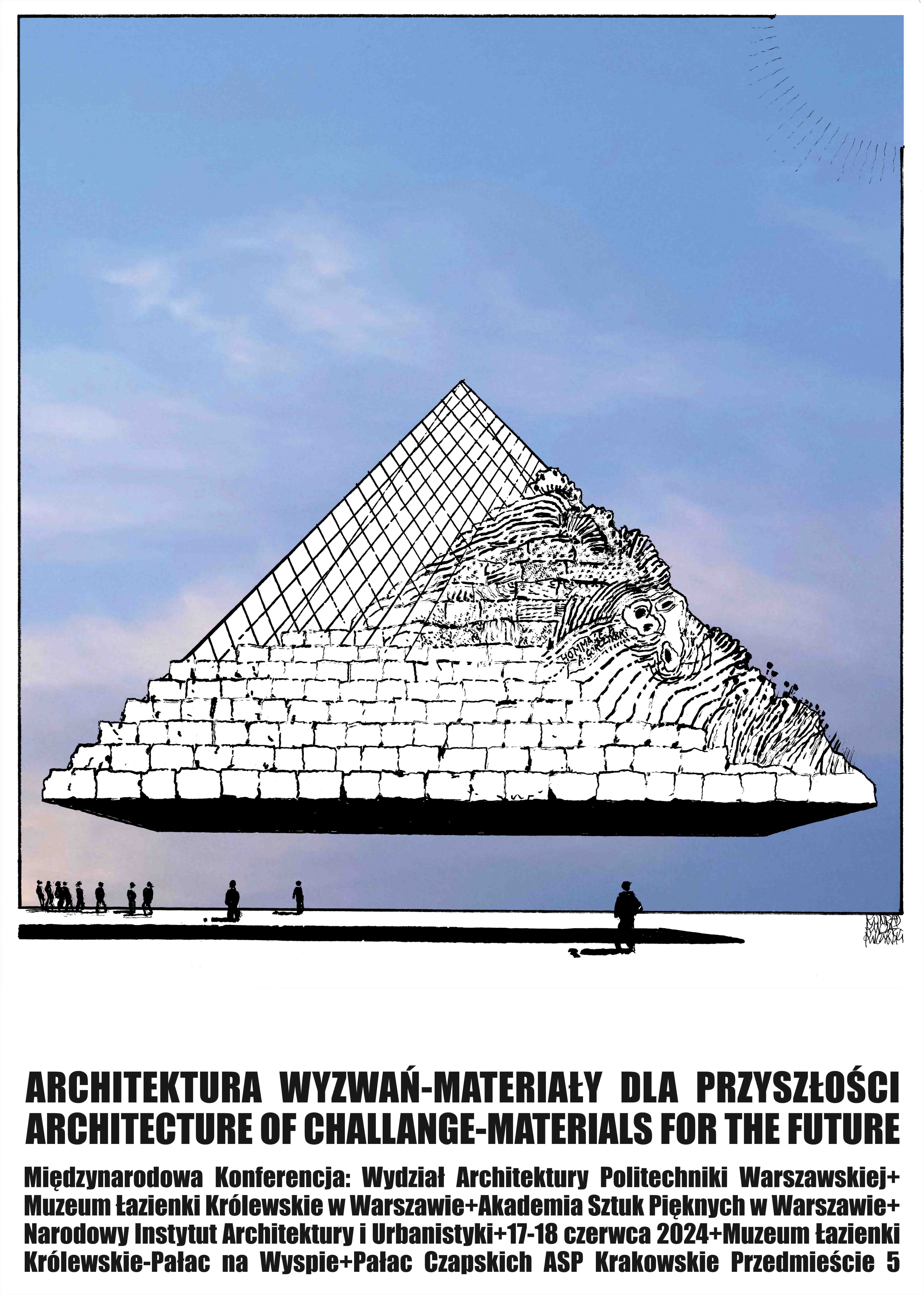 Grafika z motywem rysunkowym uniesionej nad ziemią piramidy na tle nieba