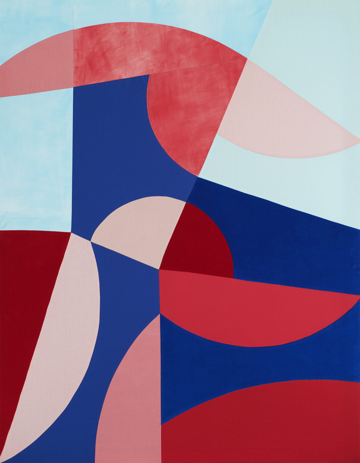 Abstrakcyjne kształty w kolorach: czerwieni, różu, granatu i błękitu