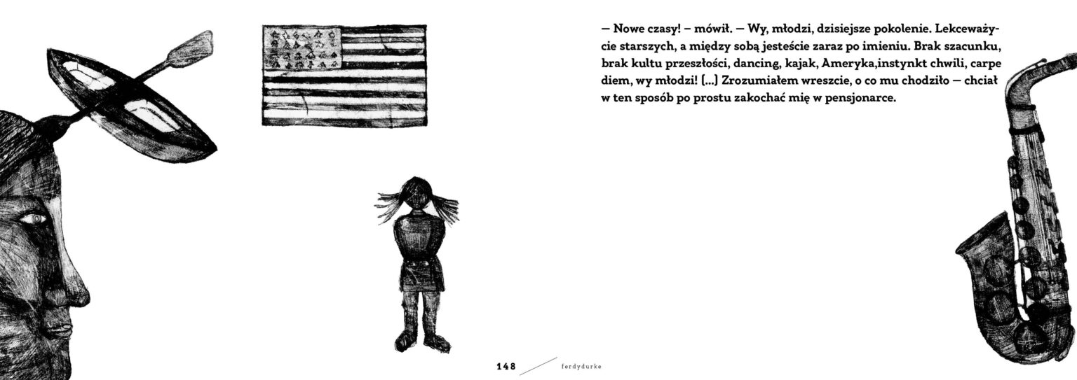 Fragment czarno-białego rysunku i fragment tekstu