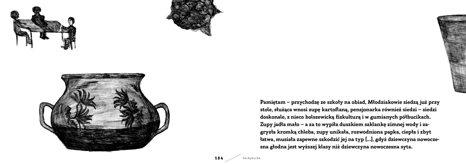 Fragment czarno-białego rysunku i fragment tekstu