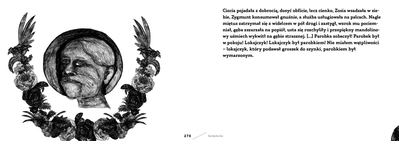 Fragment czarno-białego rysunku i fragment tekstu