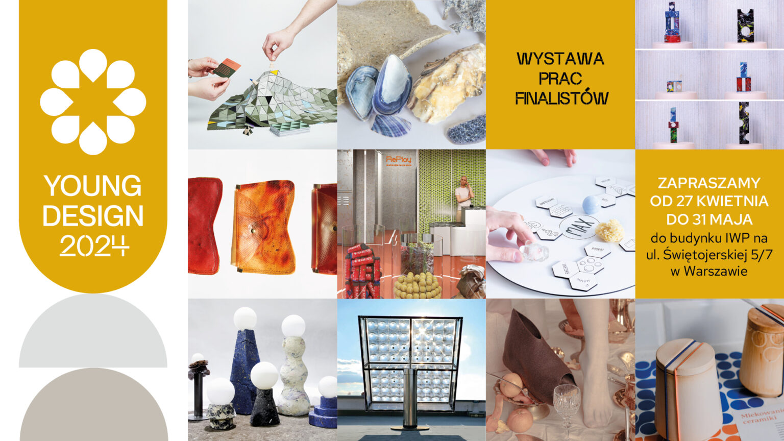 12 kwadratów prezentujących prace finalistów konkursu z żółtymi elementami graficznymi