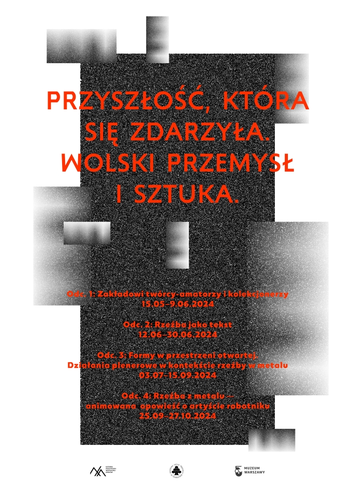 Motyw graficzny: monochromatyczne kwadraty, czerwone napisy