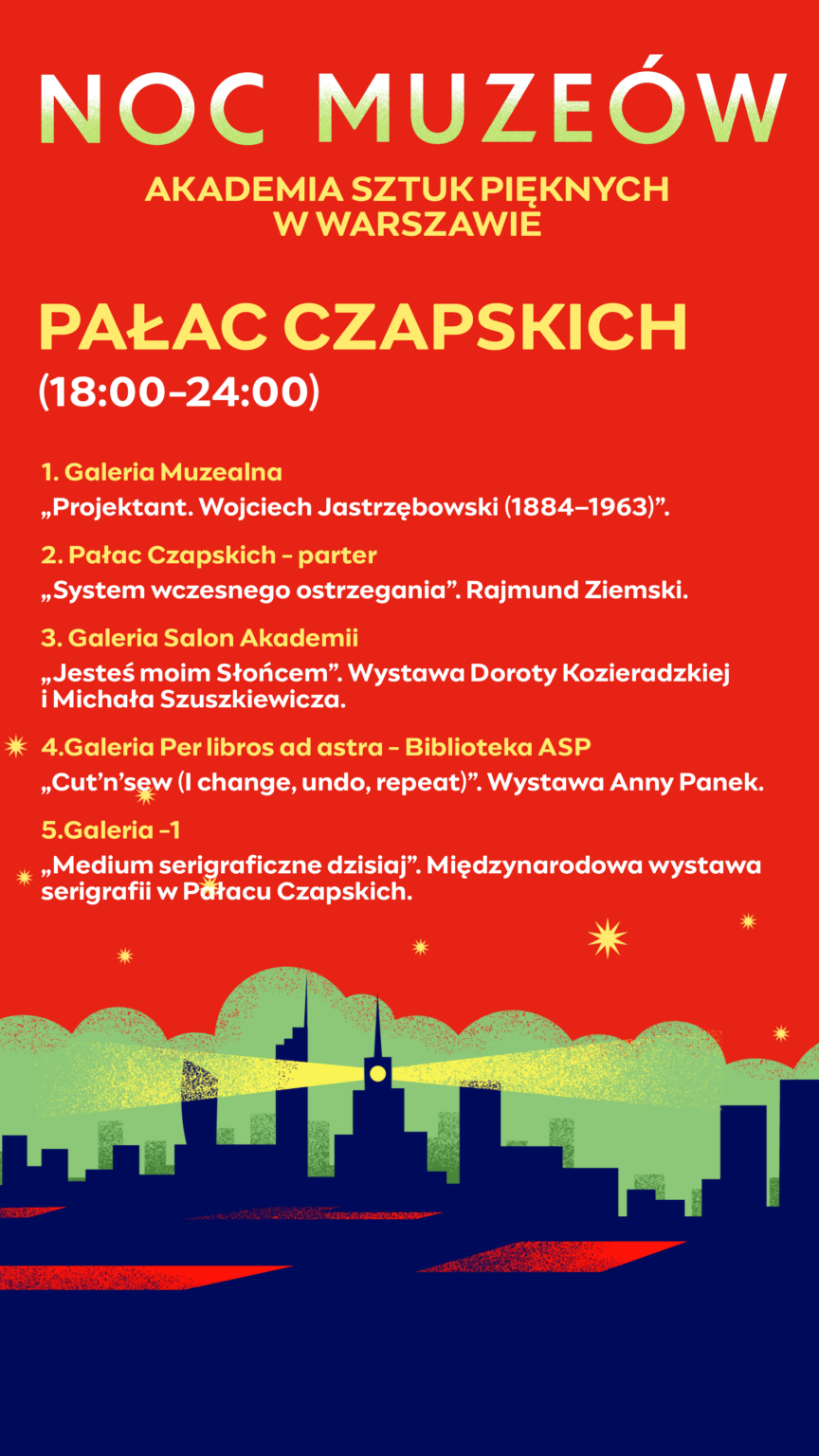 Infografika. Graficzne przedstawienie panoramy Warszawy nocą (granatowy kolor) na tle zieleni; czerwone niebo z żółtymi gwiazdami