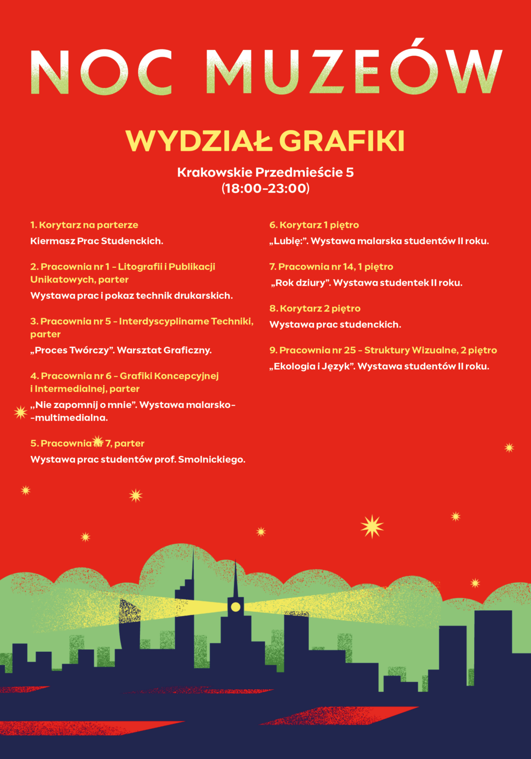 Infografika. Graficzne przedstawienie panoramy Warszawy nocą (granatowy kolor) na tle zieleni; czerwone niebo z żółtymi gwiazdami