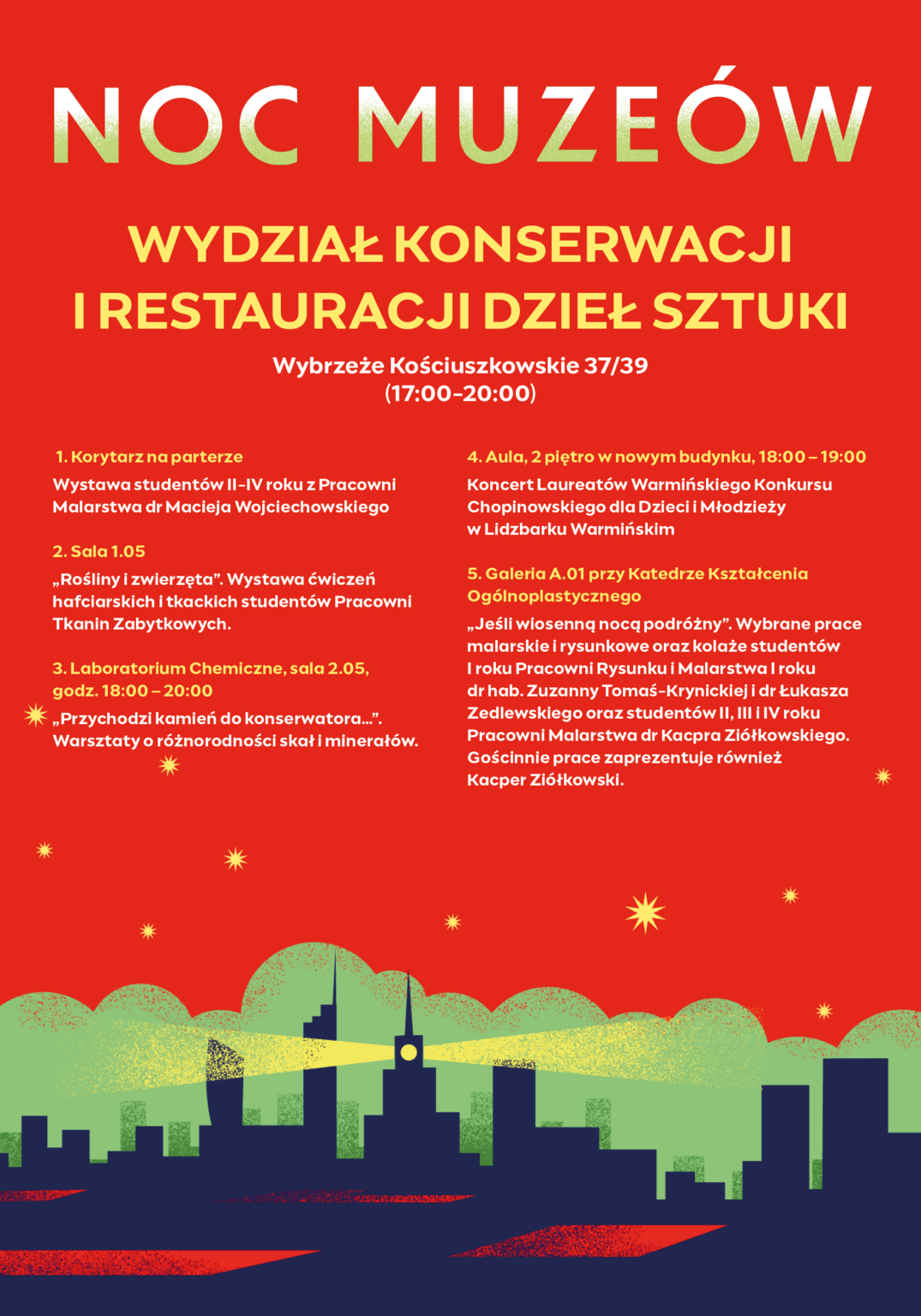 Infografika. Graficzne przedstawienie panoramy Warszawy nocą (granatowy kolor) na tle zieleni; czerwone niebo z żółtymi gwiazdami