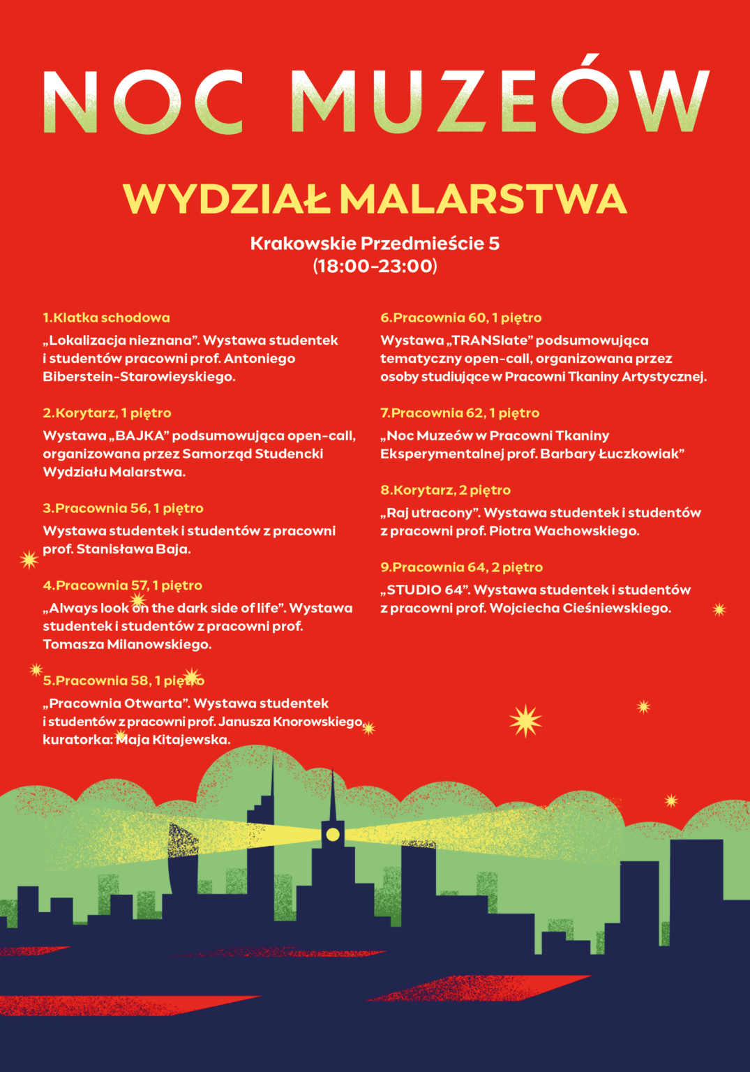 Infografika. Graficzne przedstawienie panoramy Warszawy nocą (granatowy kolor) na tle zieleni; czerwone niebo z żółtymi gwiazdami