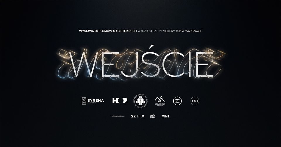 Czarna grafika z napisem "WEJŚCIE", nawiązującym do estetyki neonu