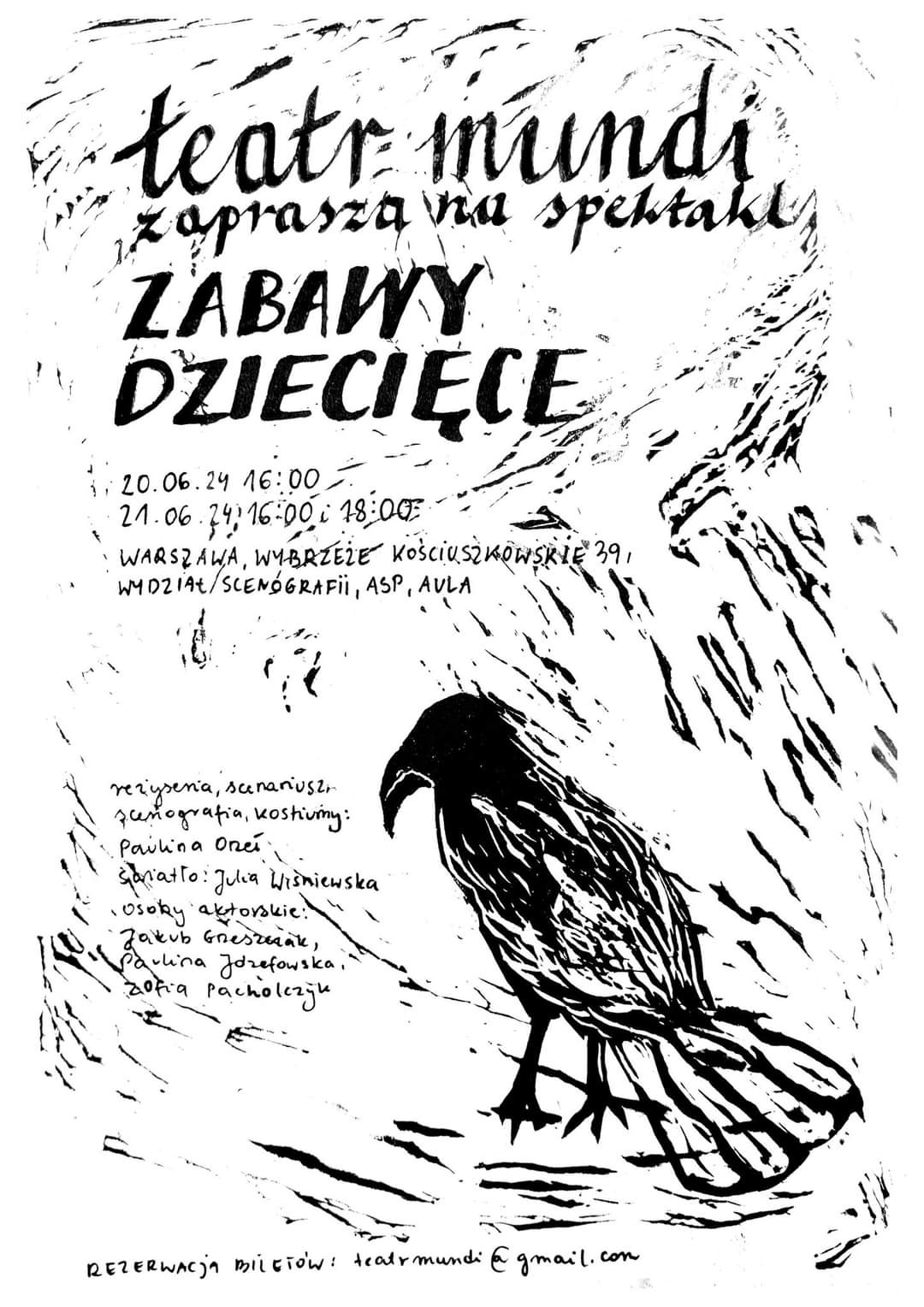 Czarno-biały plakat rysunkowy z motywem ptaka i tekst