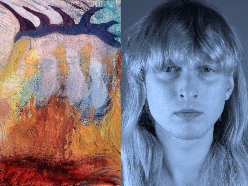 fragment grafiki oraz portret młodego mężczyzny z długimi włosami