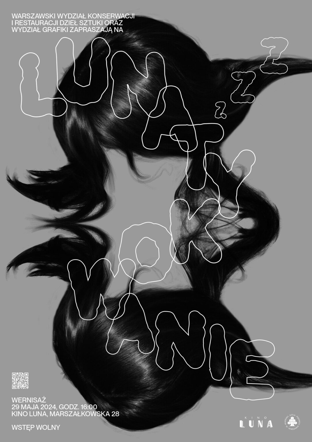 Odbicie lustrzane czarnej peruki na szarym tle i informacje