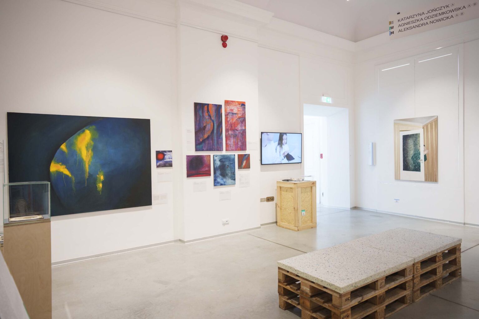 widok wystawy: obrazy róznych formatów i monitor umiejscowione na ścianie