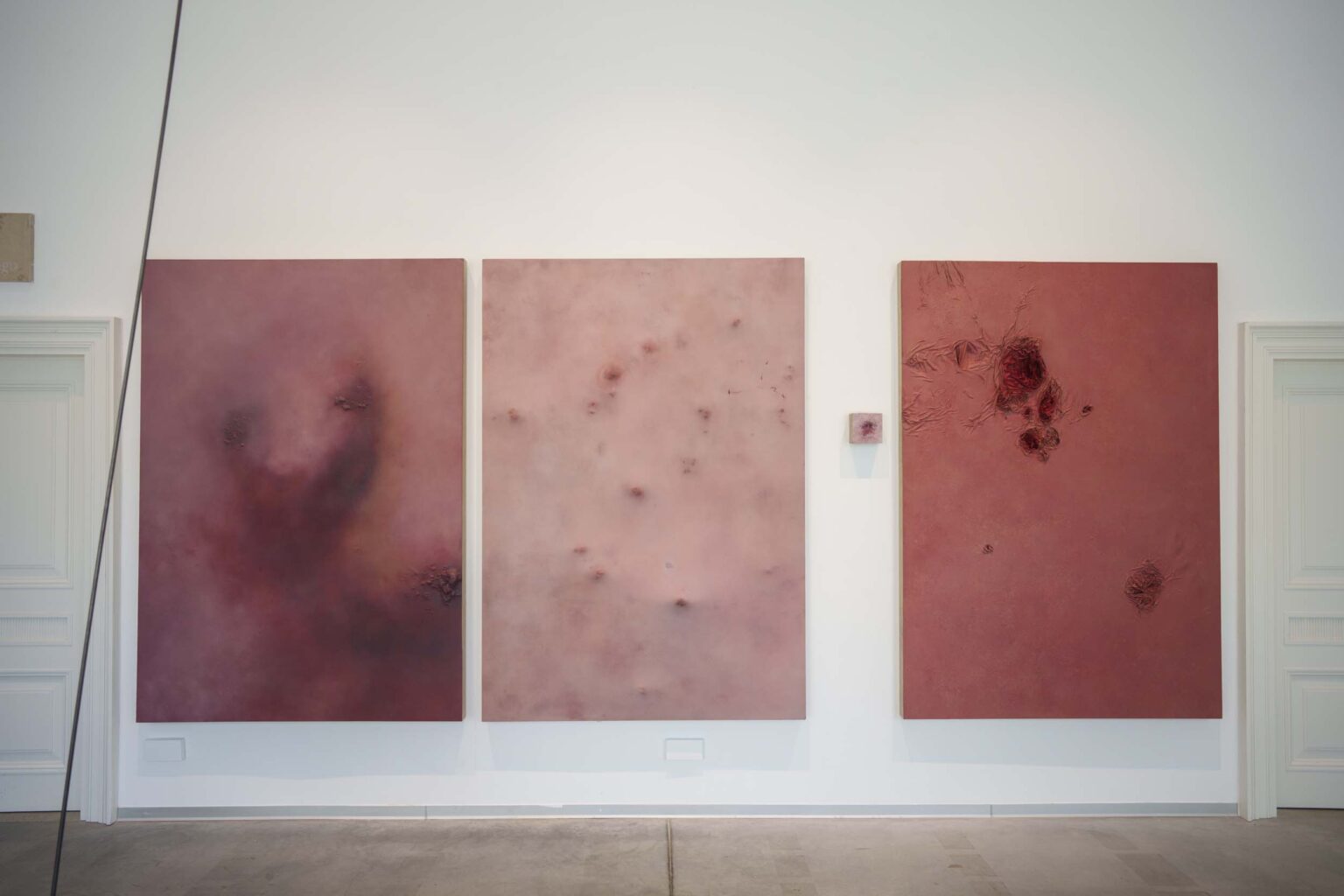 trzy przestrzenne, dużych rozmiarów obrazy pionowe o odcieniach różu