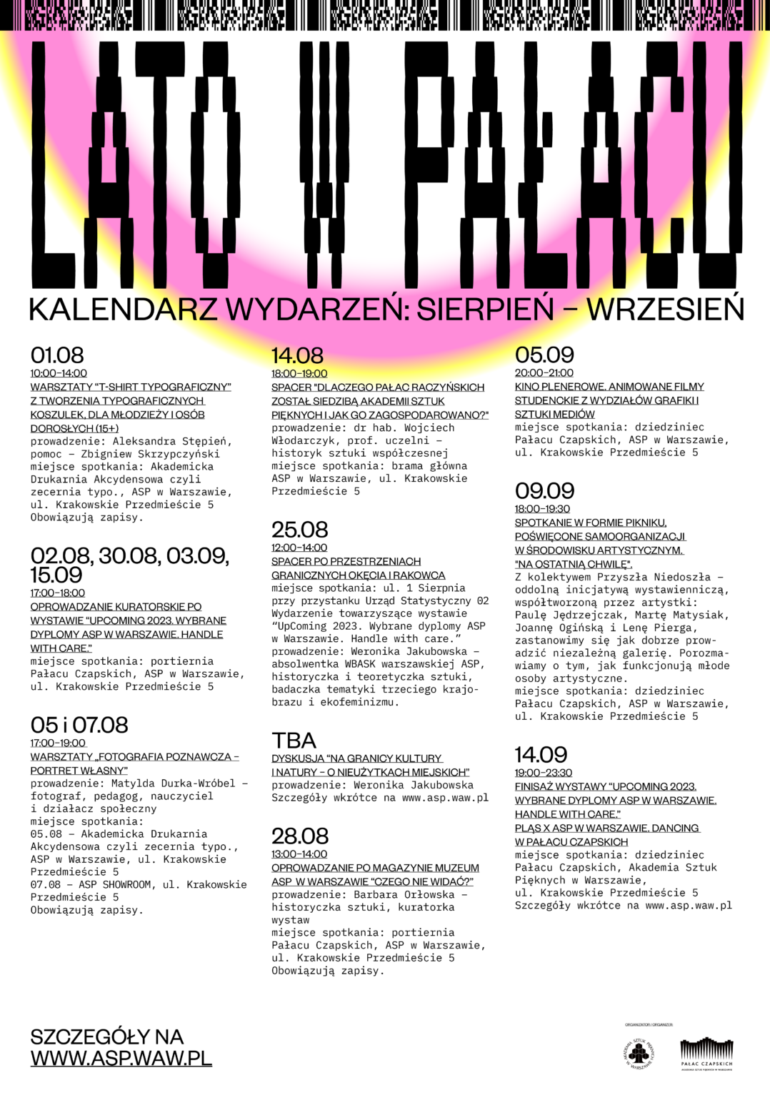Afisz ze spisem wydarzeń. O góry typografia: LATO W PAŁACU