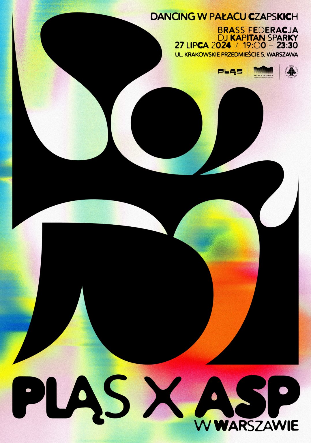 grafika z dominującym czarnym elementem abstrakcyjnym plus informacje na kolorowym tle