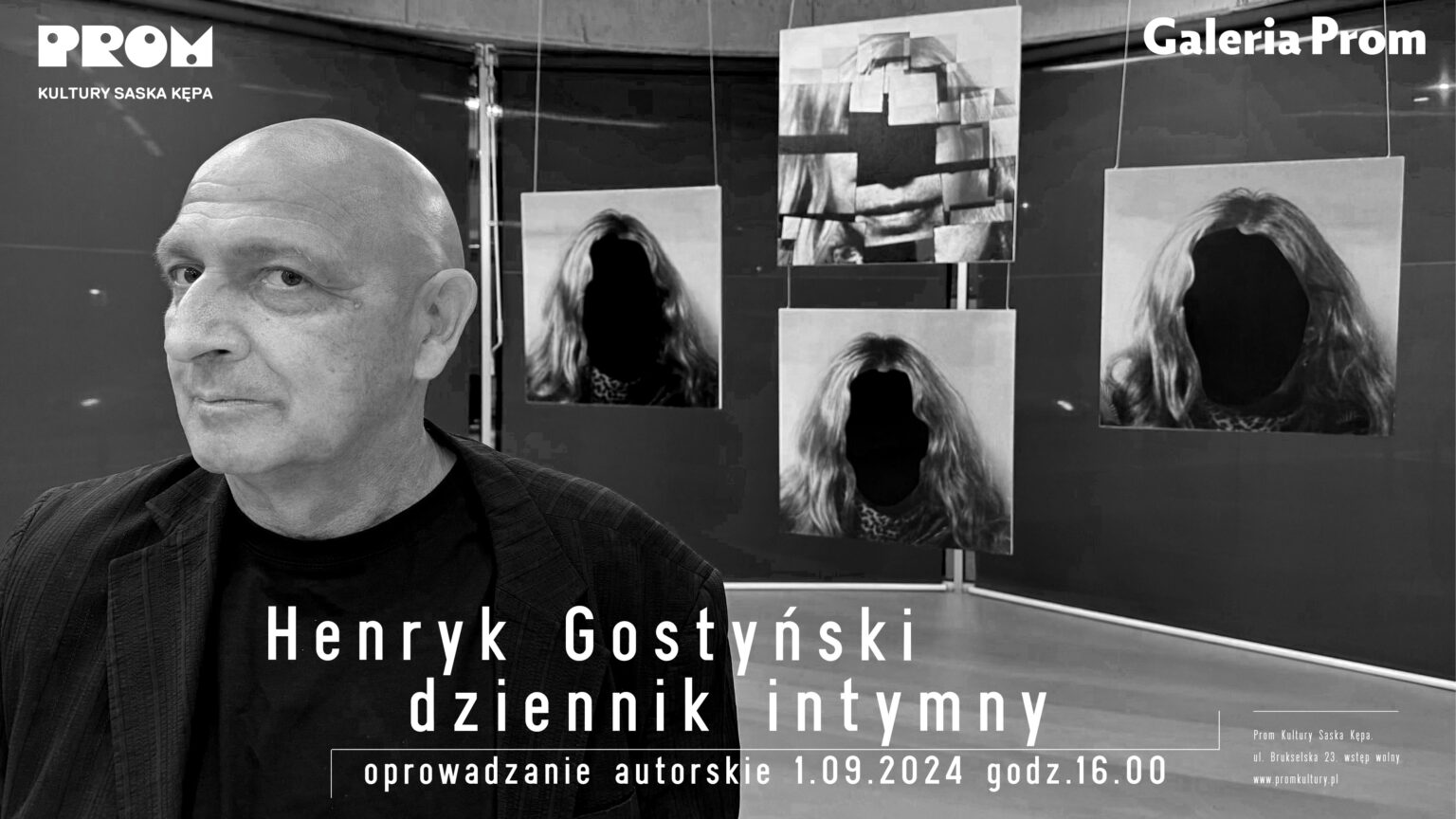 czarno-biała grafika zawiera zdjęcie mężczyzny na tle prac w galerii