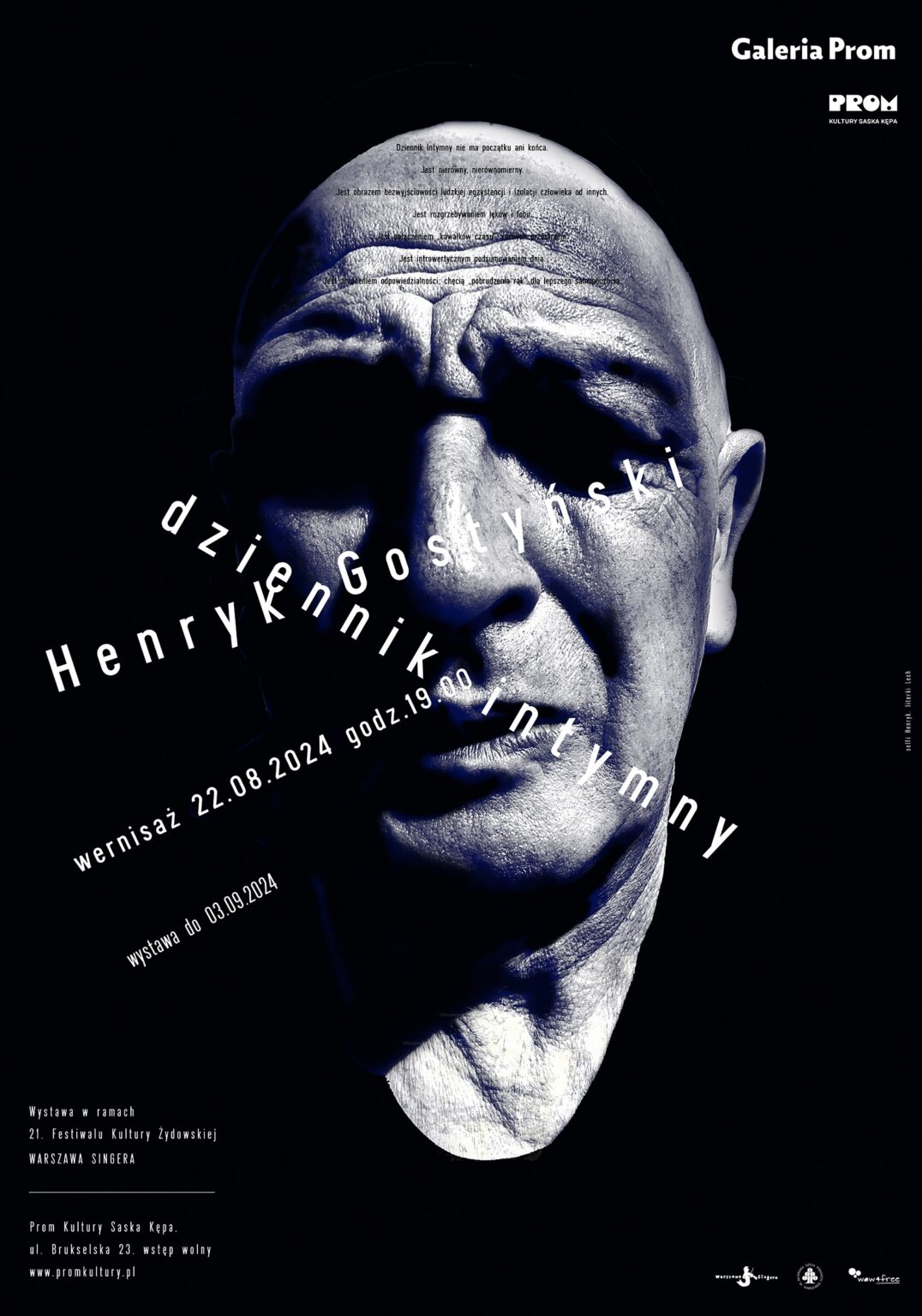 Plakat: zbliżenie na męską twarz z mocną mimika na czarnym tle oraz informacje białymi literami