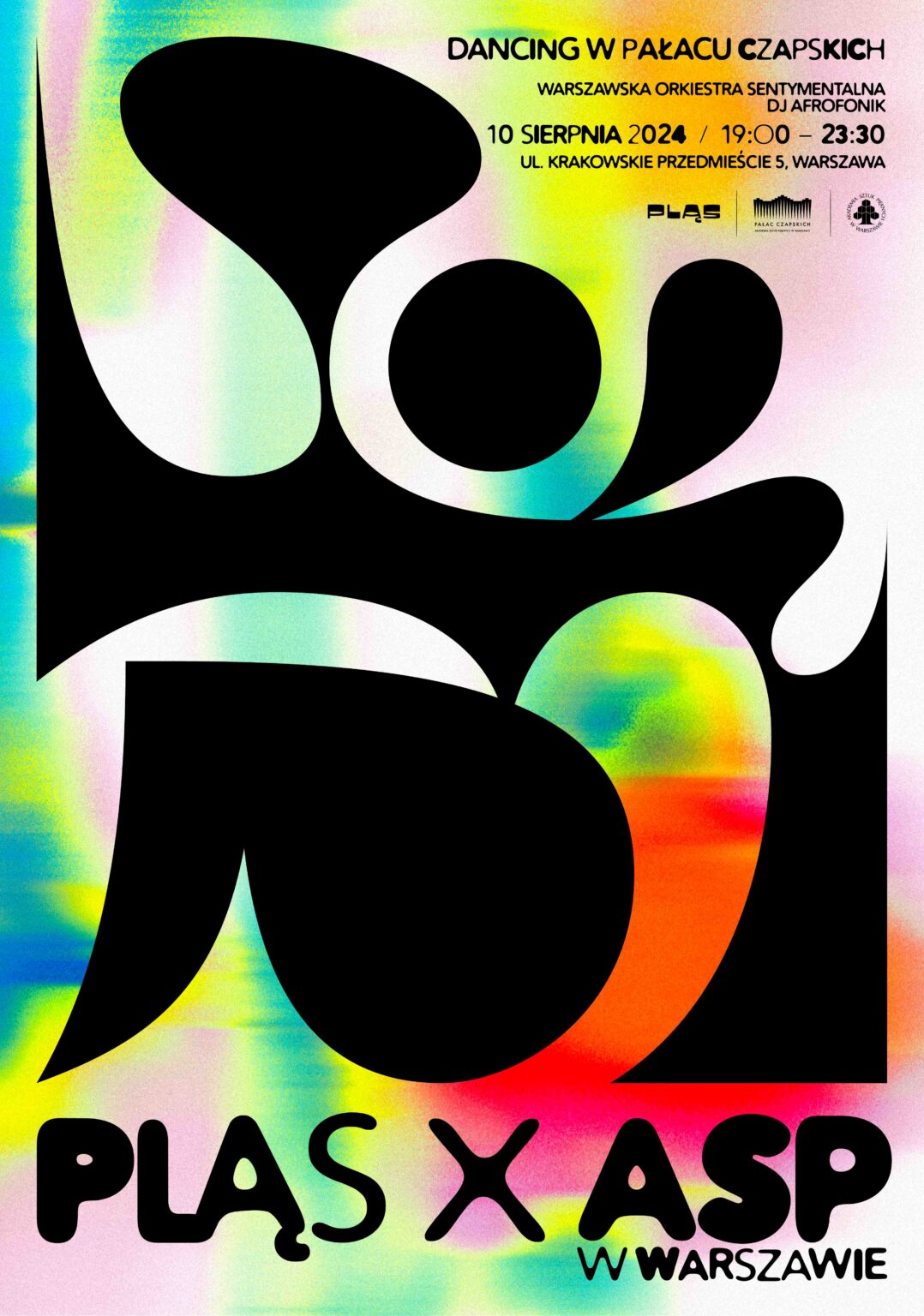 grafika z dominującym czarnym elementem abstrakcyjnym plus informacje na kolorowym tle