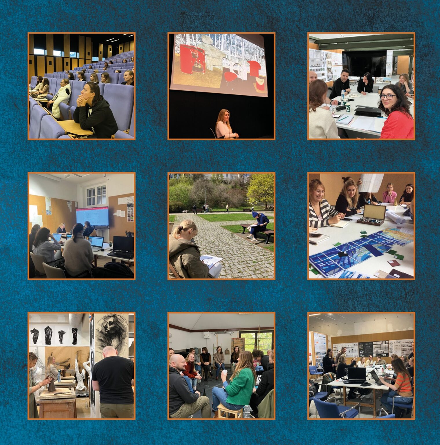 kwadratowa grafika zawiera 9 kwadratowych zdjęć z zająć ze studentami