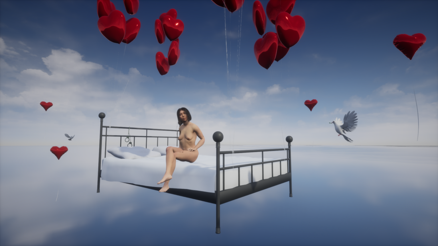 naga kobieta siedzi na łóżku, nad nią zawisły dmuchana serca, tło stanowi niebo z chmurami