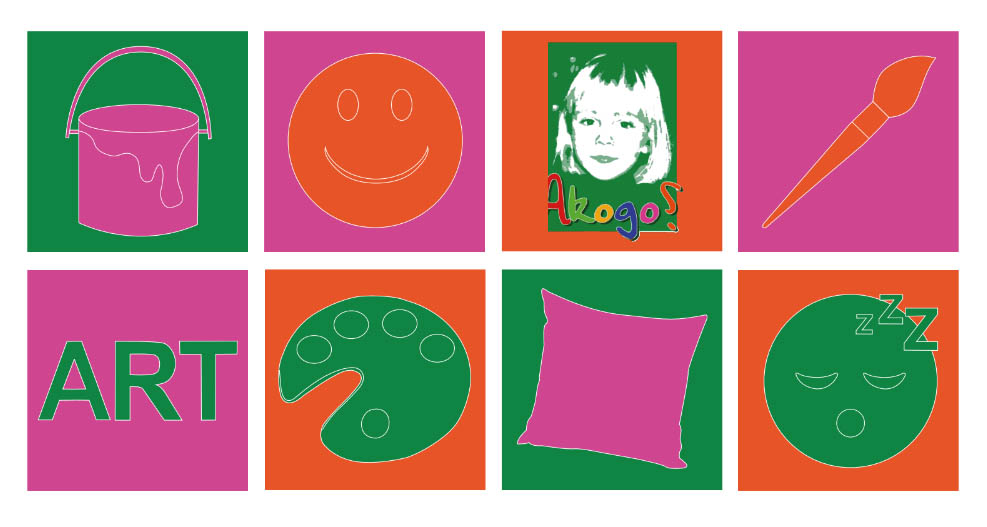 kolorowa grafika złożona z 8 kwadratów