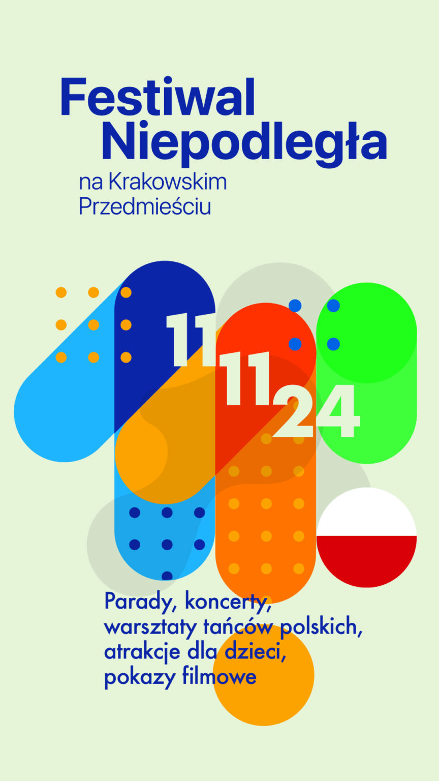 plakat z kolorowymi motywami graficznymi i napisami