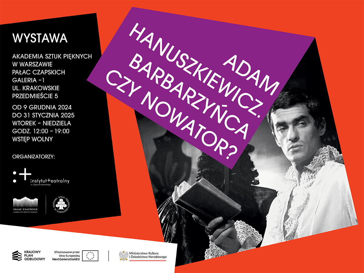 pomarańczowa grafika z tekstem i czarno-białym zdjęciem mężczyzny w białej koszuli z żabotem i książką w dłoni