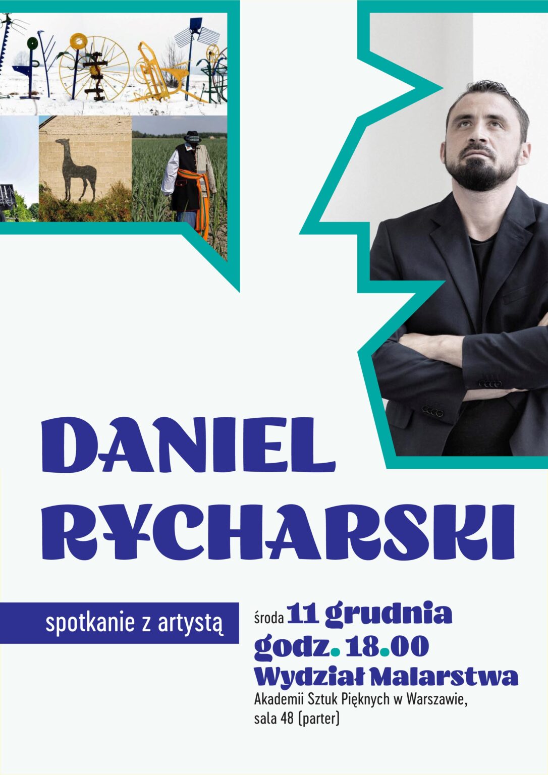 grafika zawiera zdjęcie mężczyzny; niebieskie liternictwo