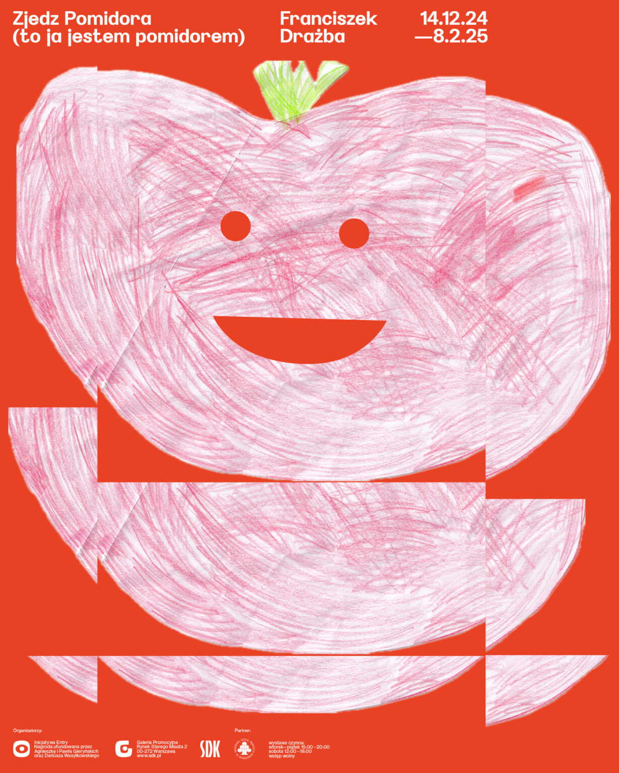 grafika ukazująca rysunkowego uśmiechniętego pomidora na pomarańczowym tle