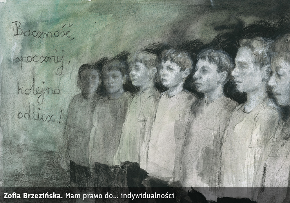 rysunek czarno-biały, chłopcy w rzędzie