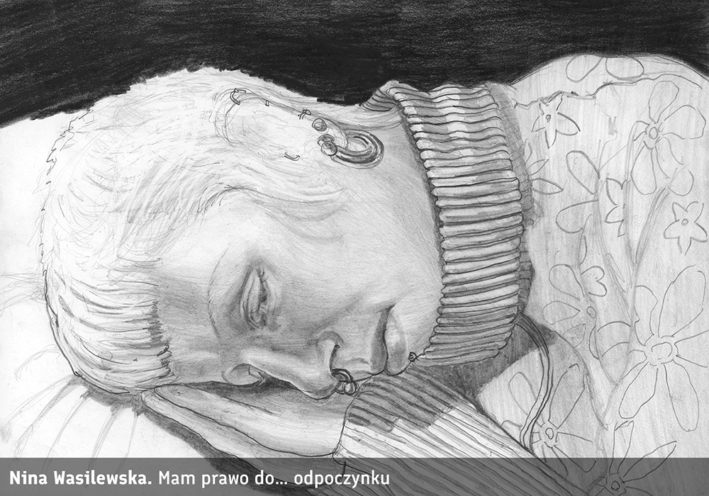 rysunek czarno-biały, głowa leżąca