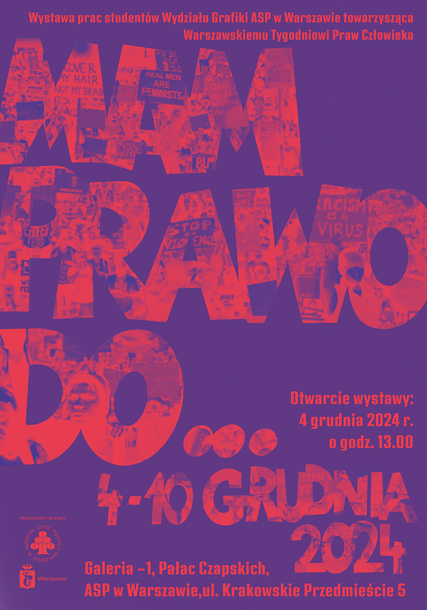 plakat fioletowy z czerwonym liternictwem