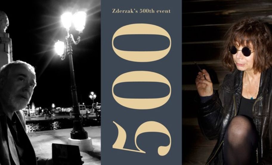 grafika z dwoma zdjęciami - czarno-białym portretem mężczyzny i kolorowym portretem kobiety w przeciwsłonecznych okularach