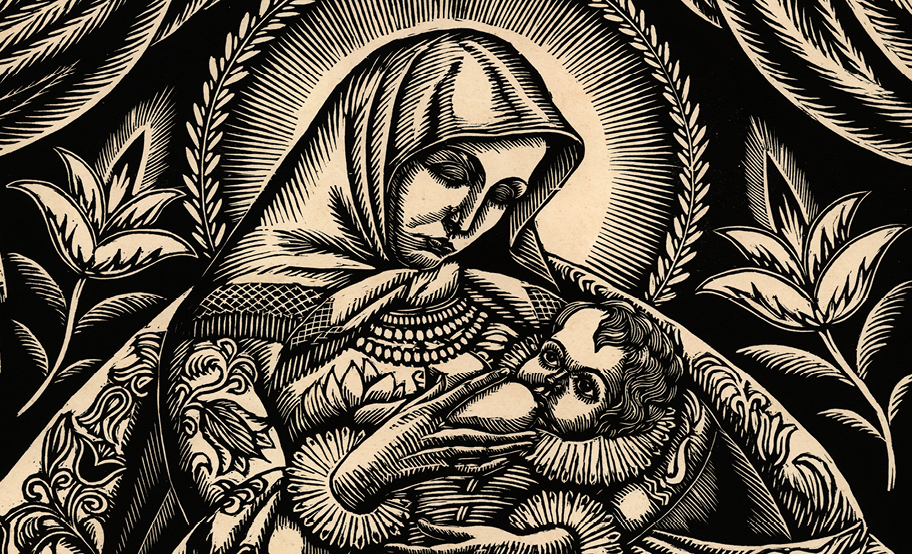 drzeworyt przedstawia Madonnę z dzieciątkiem Jezus