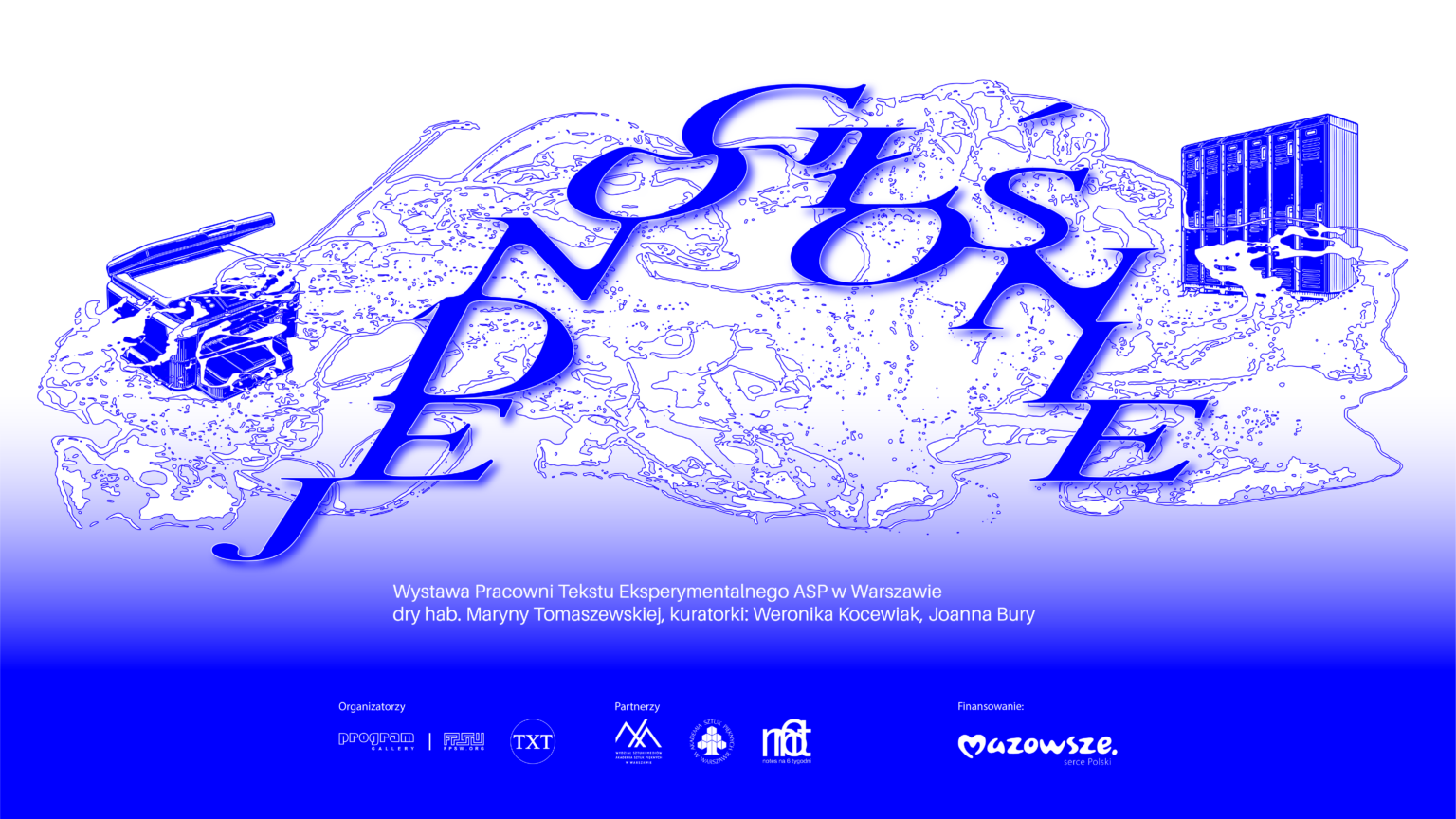 abstrakcyjna grafika z liternictwem; w jaskrawoniebieskim kolorze