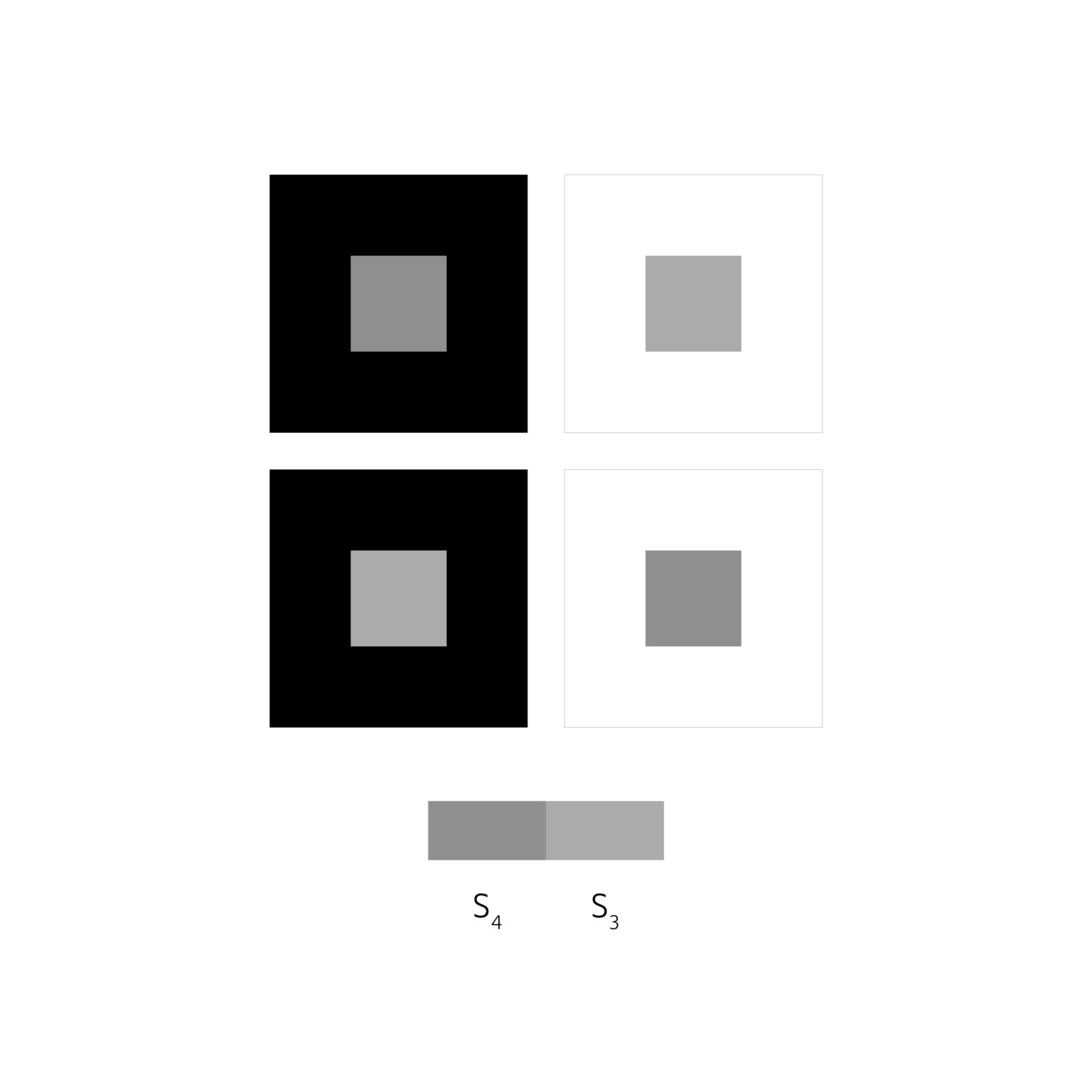 4 kwadraty o różnych szarościach ułożone są na czterech kwadratach większych czarnych i białych.