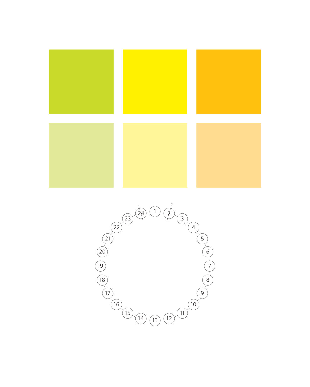 Sześć kwadratów w dwóch liniach barwy żółtej.