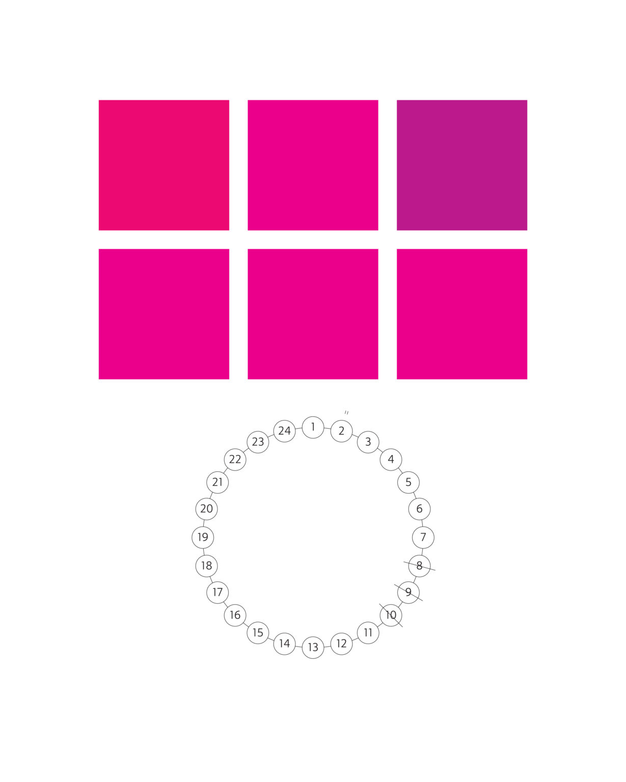 Sześć kwadratów w dwóch liniach barwy czerwonej.